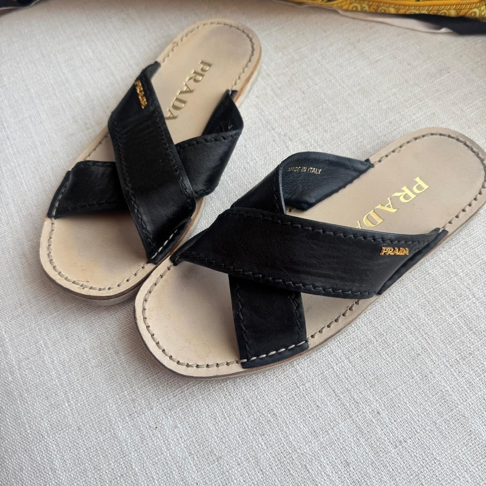 Prada Black Leather Crisscross Slide Sandals with Gold Logo